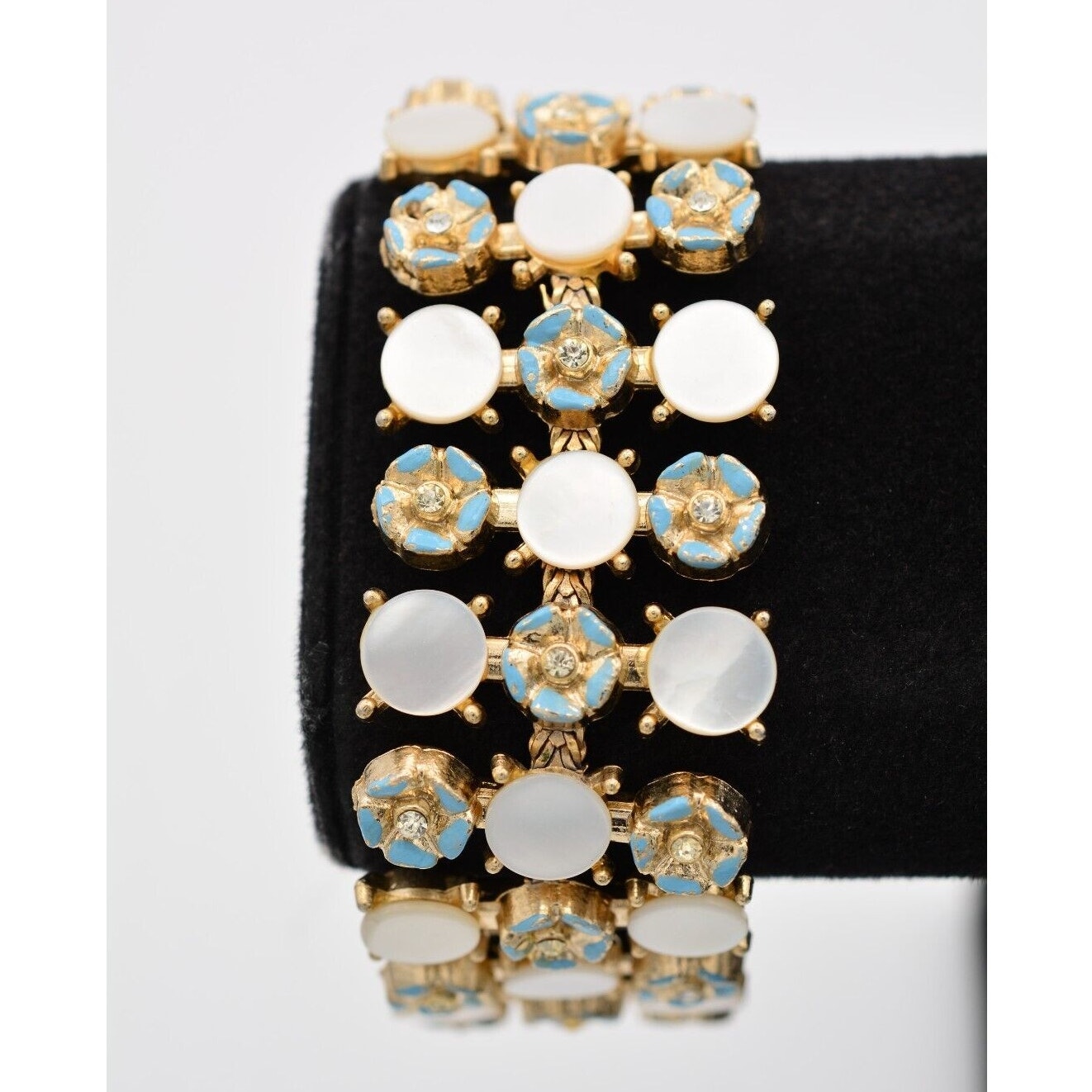 Vintage Flower Bracelet Blue Enamel Mop Abalone Rhinestone Heavy Chunky 70s Bin4